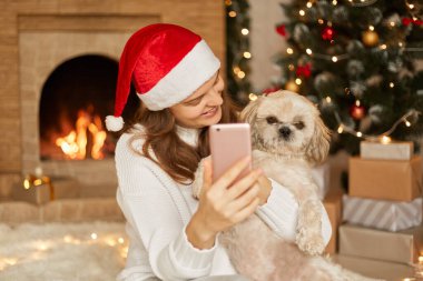 Noel 'de köpekli gülümseyen bir kadının şöminenin yanındaki festival odasında poz verirken, selfie çekerken ya da video görüşmesi yaparken, kadının gülümseyerek ve elinde telefonla hayvanına baktığı fotoğraf..