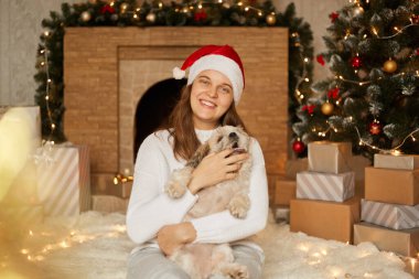 Kırmızı şapkalı mutlu bir aile, köpek Noel ağacının yanında oturuyor, hediye kutuları ve şöminesi, evcil hayvanıyla neşeli bir kız, köpek ısıran sahibinin parmağıyla..