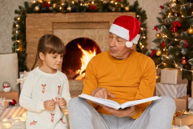 Olgun bir adam yerde oturmuş, elinde kitapla torununa bakıyor ve çocuk Noel hikayeleri okuyor. Saçları örgülü, peri masalı dinleyen tatlı bir kız..