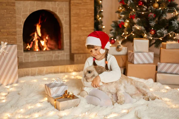 Menina Bonito Santa Chapéu Abraçando Com Cão Fundo Bela Árvore — Fotografia de Stock