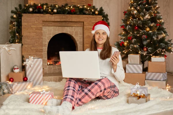 Smiling Young Woman Laptop Sitting Christmas Tree Present Boxes Spending Stock Image
