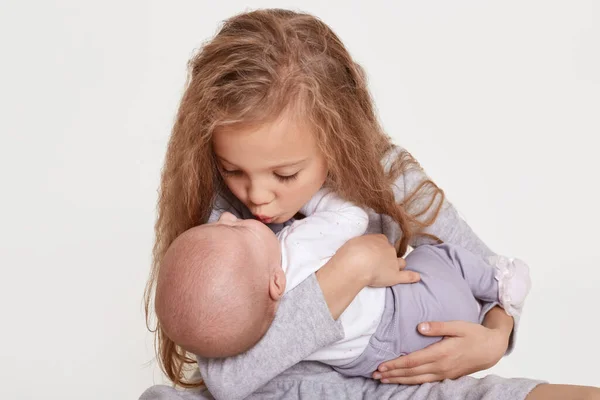 Happy Two Sisters Children Posing Together Isolated White Background Blond — Stock Photo, Image