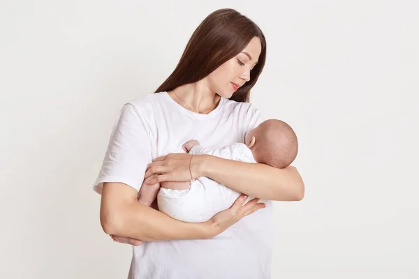 Young Happy Attractive Mother Hold Little Daughter Brown Haired Lady — Stock Photo, Image