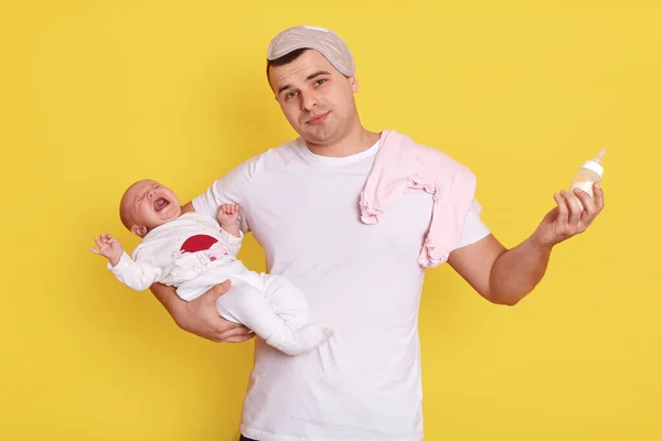 Happy Parenthood Young Handsome Father Calming His Sweet Baby Infant — Stock Photo, Image