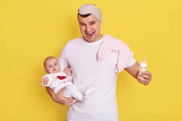 Happy Excited Father Newborn Baby Hands Feeding Kid Milk Handsome — Stock Photo, Image
