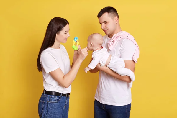 Closeup Shot Parent Caressing Baby Father Hands Mommy Standing Next — Stock Photo, Image