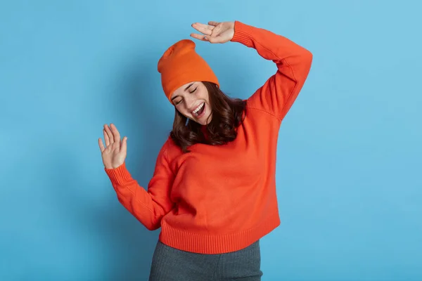 Young Happy Caucasian Woman Dark Hair Dances Has Fun Keeps — Stock Photo, Image