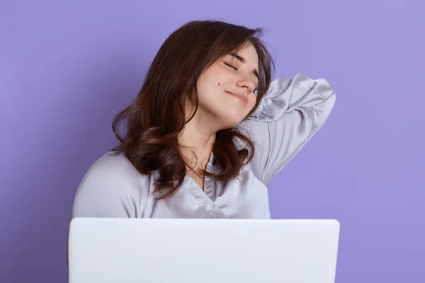 Attractive European Tired Young Businesswoman Laptop Posing Isolated Lilac Background Royalty Free Stock Images