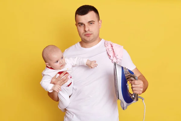 Caucasian Man Father Newborn Baby His Hands Man Needs Ironing — Stock Photo, Image