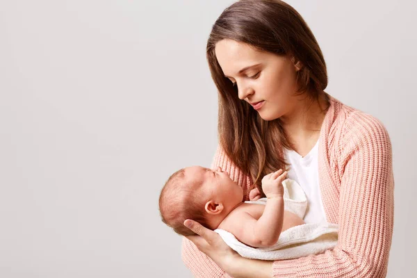 Young Happy Mother Newborn Baby Hands Woman Wearing Casual Knitted — Stock Photo, Image