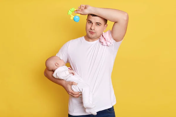 Tired Young Father Newborn Baby Hands Male Taking Care His — Stock Photo, Image