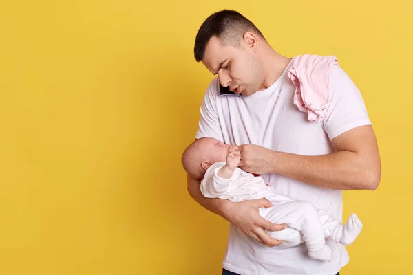 Caucasian Young Father Holding Newborn Baby Hid Hands Calming Little — Stock Photo, Image