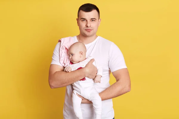 Calm Attractive Single Father Dresses White Shirt Posing Together Newborn — Stock Photo, Image