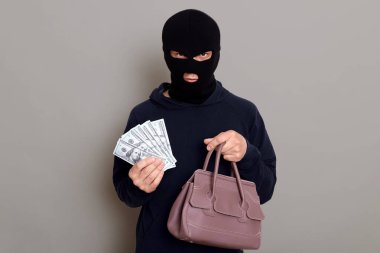 Angry serious thief dressed in balaclava and black turtleneck looks at camera and holds money and stolen women's handbag, robbery, posing isolated over gray background.