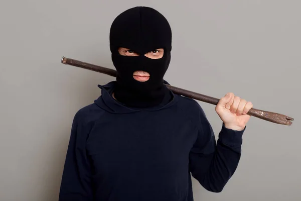 Insidious Male Thief Robber Looks Camera Smirk Holds Iron Scrap — Fotografia de Stock