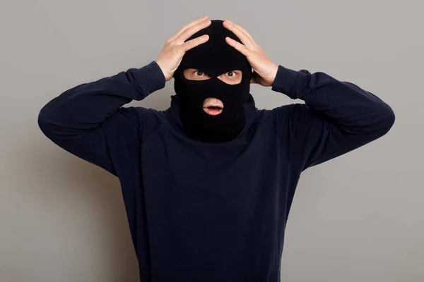 Shocked Frightened Criminal Thief Catching Place Committing Crime Looking Camera — Stockfoto