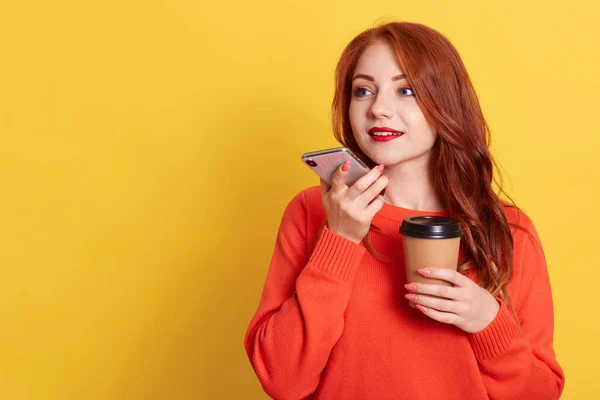 Attractive Red Haired Woman Recording Voice Messages Holding Cell Phone — Photo