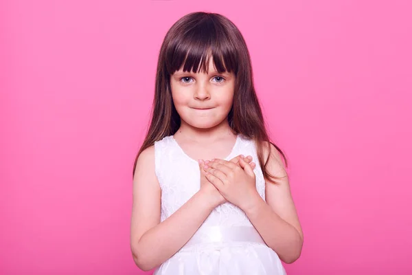 Charming Honest Little Girl Wearing White Dress Looking Camera Keeping — Stock Photo, Image