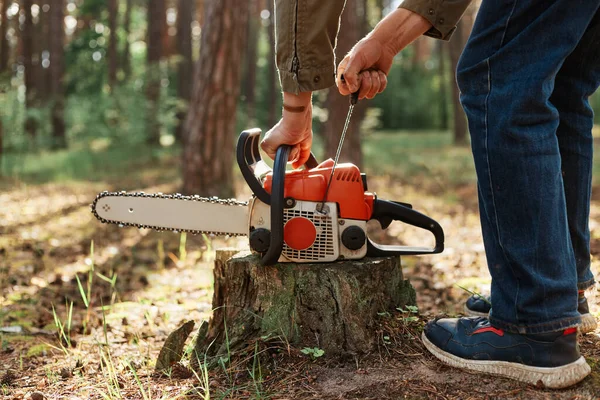 Closeup Chainsaw Wooden Stump Faceless Woodsman Start Saw Industrial Destruction — Stock Photo, Image