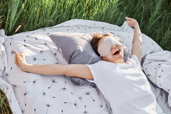 Happy Yawning Female Wearing Sleeping Fold White Casual Shirt Stretching — Stock Photo, Image