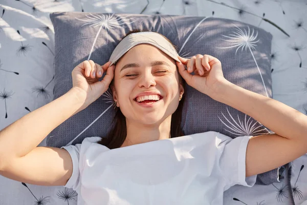 Portrait Attractive Happy Female Waking Field Puts Sleeping Mask Her — Stock Photo, Image