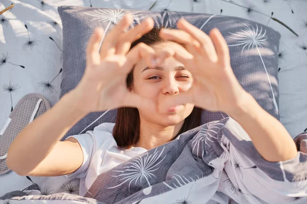 Adorable Dark Haired Female Waking Bed Outdoor Expressing Positive Emotions — Stock Photo, Image