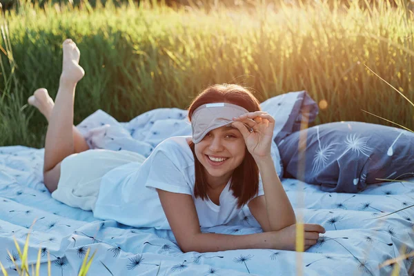 Young Funny Female Raised Her Sleeping Mask Looking Camera Happy — Stock Photo, Image