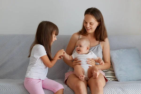 Happy Woman Spending Time Her Kids Together Indoor Mother Holding — Stock Photo, Image