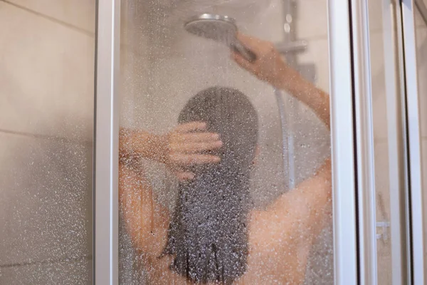 Enjoying Shower Back View Beautiful Young Slim Shirtless Woman Taking — Stock Photo, Image