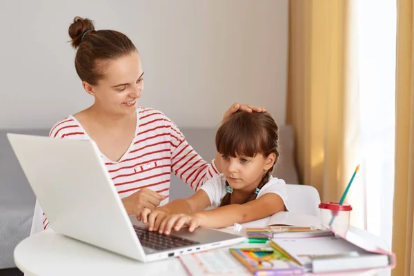 Indoor Shot Happy Family Doing Homework Together Sitting Table Living —  Fotos de Stock