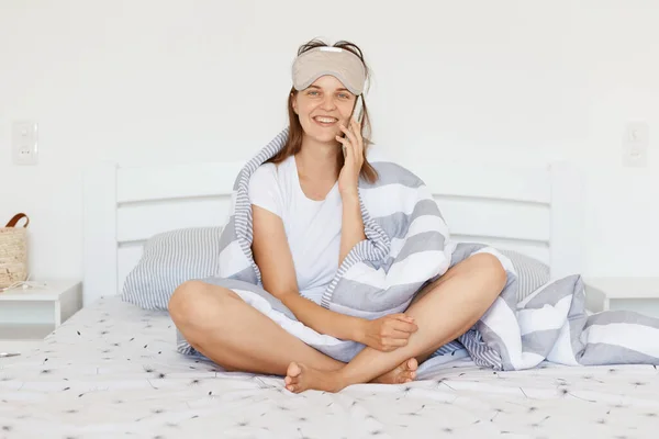 Happy Smiling Woman Sleeping Mask Her Forehead Wearing White Casual — Stock Photo, Image