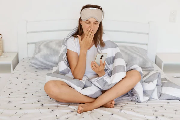 Portrait Attractive Sleepy Woman Sleeping Mask Being Wrapped Blanket Yawning — Stock Photo, Image