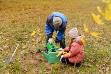Canlı bir sonbahar tarlasında, yaşlı bir adam genç bir kıza düşen yapraklar ve parlak gökyüzü ile çevrili yeni ekilmiş tohumları nasıl sulayacağını gösterir..