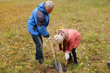 Bir adam ve genç bir kız, güz yapraklarıyla dolu çimenli bir alanda toprağı kazarken dışarıda keyifli bir günün tadını çıkarıyorlar..