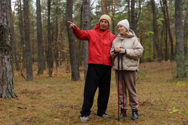 Bir adam ve bir kadın ormanda birlikte durup yürüyüş yaparken bir anı paylaşıyorlar. Adam manzaranın tadını çıkarırken uzaktaki bir şeye işaret ediyor..