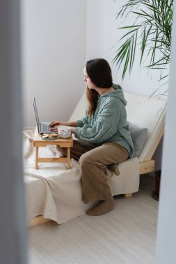 Bir kadın, parlak ve basit bir odadaki bir yatakta rahatça otururken dizüstü bilgisayarına odaklanır. Bitki ortama biraz doğa katar..