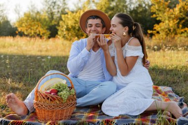 İki kişi çimenli bir alanda battaniyeye oturup sepetten meyve yiyor. Güneşli bir günde bir anı paylaşırken gülümserler..