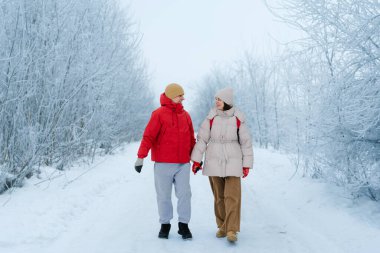 Karla kaplı bir yolda iki kişi birlikte yürür. Buzlu ağaçlar her iki tarafta da var. Görünür kar ve buz ile manzara soğuk ve bir kış gününü gösteriyor.