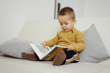 Küçük çocuk renkli bir kitaba odaklanarak sessizce bir kanepede oturur. Odanın yumuşak ışığı içeri giriyor, okumak için rahat bir atmosfer yaratıyor..