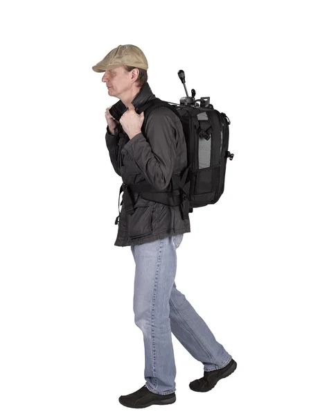 Fotograf z backbag i statyw — Zdjęcie stockowe
