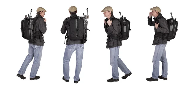 Fyra positioner av en fotograf med backbag och stativ — Stockfoto