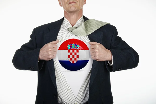 Superhero pulling Open Shirt with soccer ball - Croatia — Stock Photo, Image