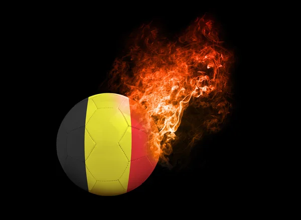 Flaming Football Ball sobre bandera de fondo negro Bélgica —  Fotos de Stock