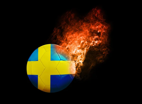 Flaming Football Ball on black background flag Sweden — Stock Photo, Image