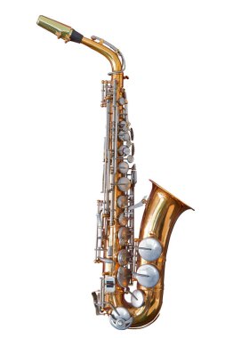 Eski ve iyi kullanılmış saksafon. Kırpma yolu beyaz üzerine izole edilmiş.