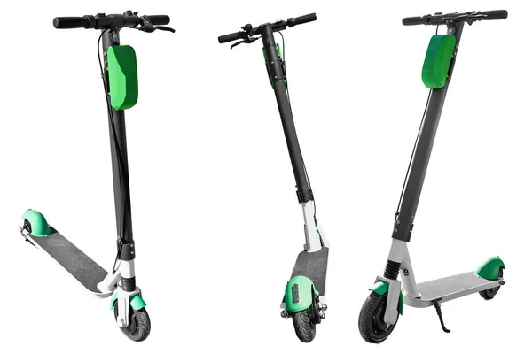 Drie Posities Van Een Zwarte Groene Elektrische Scooter Huur Geïsoleerd — Stockfoto
