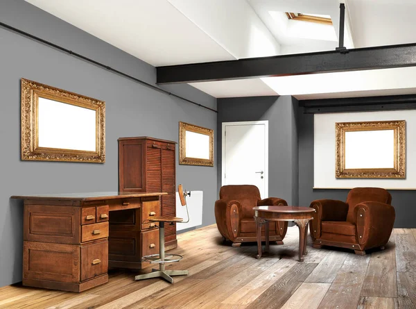 Cozy Vintage Interior Wide Loft Office Wooden Floor Frames Wall — 图库照片