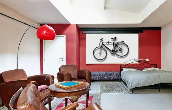 Vintage Hipster Loft Schlafzimmer Mit Fahrrad Wand Wand — Stockfoto