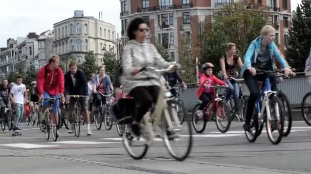 Bicicleta, corredores, skateboarder, caballos y caminantes disfrutan de Car Free Streets en Tervueren Ave como parte del 21 de septiembre de 2014 en Bruselas, Bélgica — Vídeo de stock