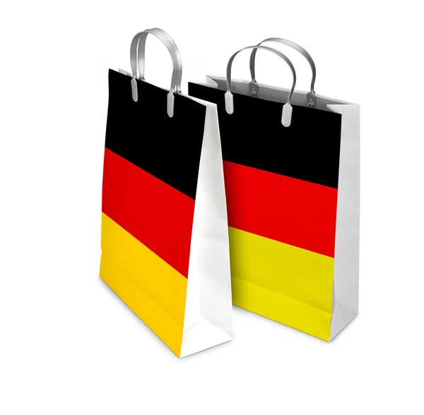 Deux sacs à provisions ouverts et fermés avec drapeau de l'Allemagne. Commerce de détail — Photo